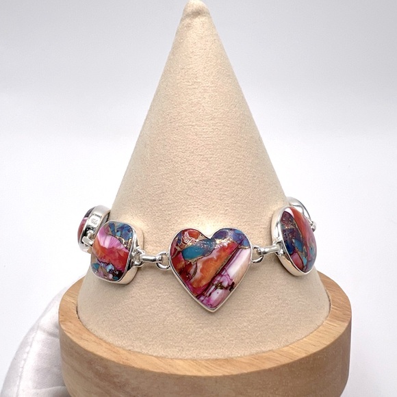 Pink Oyster Turquoise .925 Sterling Silver Bracelet - Picture 14 of 17